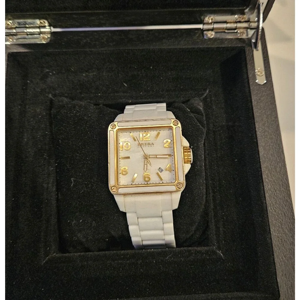 Brera Orologi Stella Mother of Pearl White Ceramic Gold Square Face Ladies Watch